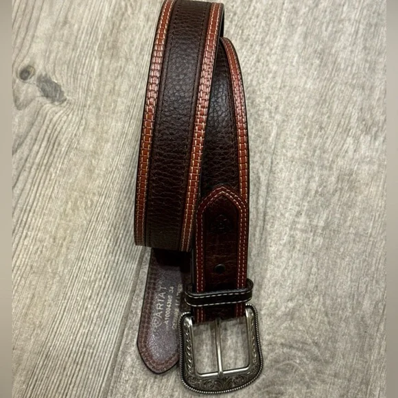 Ariat Mens Two-tone Leather Belt-A10004305 Brown Silver Buckle Size 34 NWOT - Picture 9 of 9